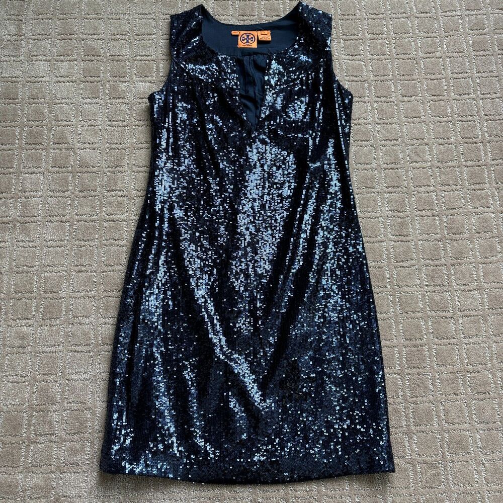 Tory Burch Sequin Cocktail Dress Womens 2 Sleeveless Metallic Navy Blue Silk NYE - Picture 3 of 11